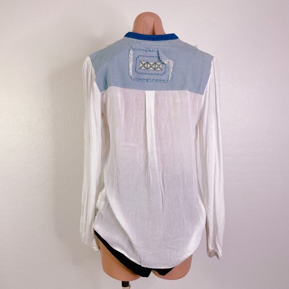 Desigual Western Rodeo Country Gauze Denim Fringe Sleeve Boho Top White S NWT - Picture 8 of 11